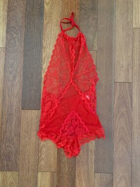 Sheer Red Lace Halter Neck Teddy Bodysuit Lingerie Small